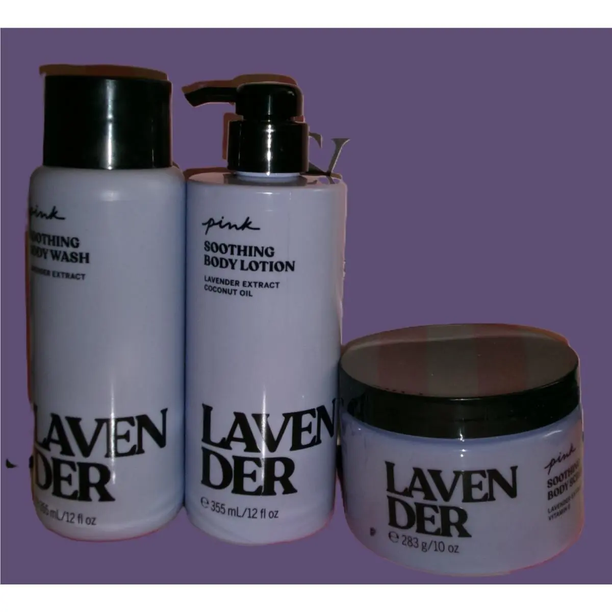 Victoria’s Secret Pink Lavender Soothing Body Scrub Wash Lotion Full Size Set