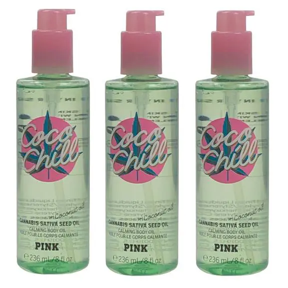Lot OF 3 Victoria`s Secret Pink Coco Chill Cannabis Sativa Coconut Body Oil 8 oz