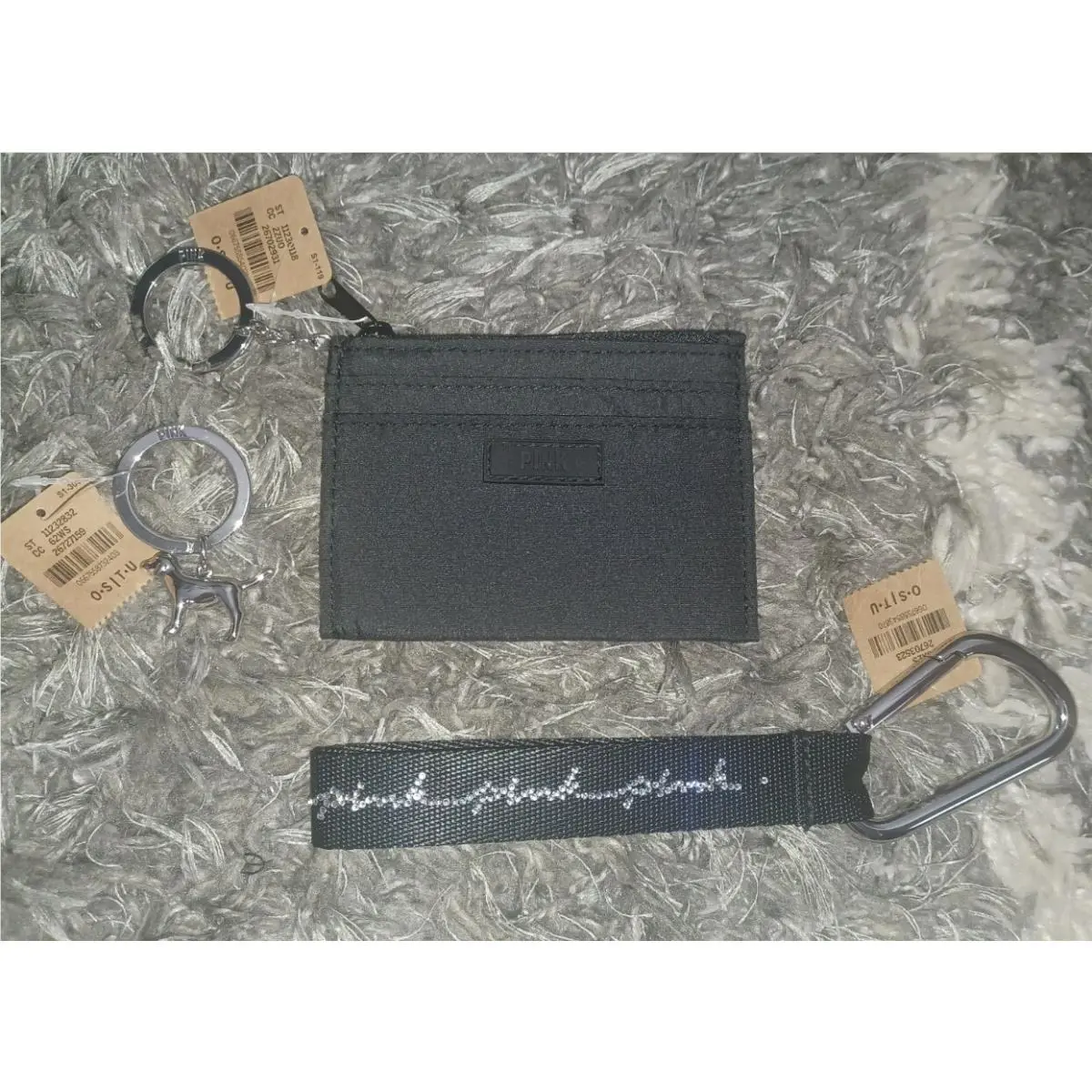 Victoria`s Secret Vspink Card Case Keychain Matching Studded Keyhook Pup Keychain Black Logo