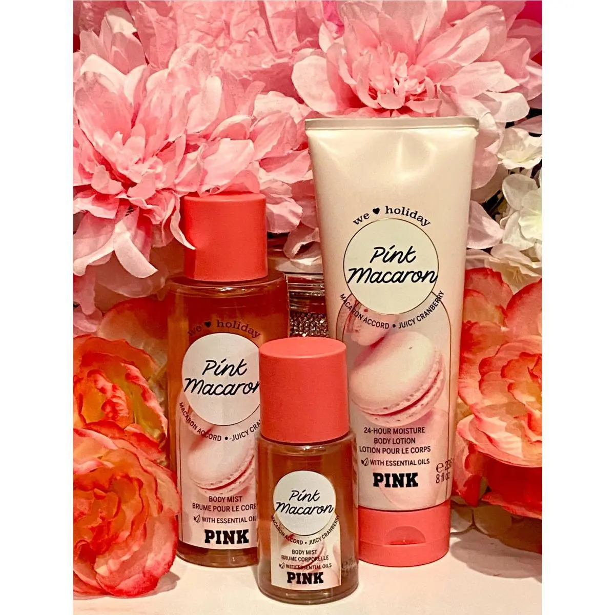 Victoria`s Secret VS Pink 3 Pc Set Pink Macaroon Fragrance Mist 2 Sizes Body Cream Htf Rare