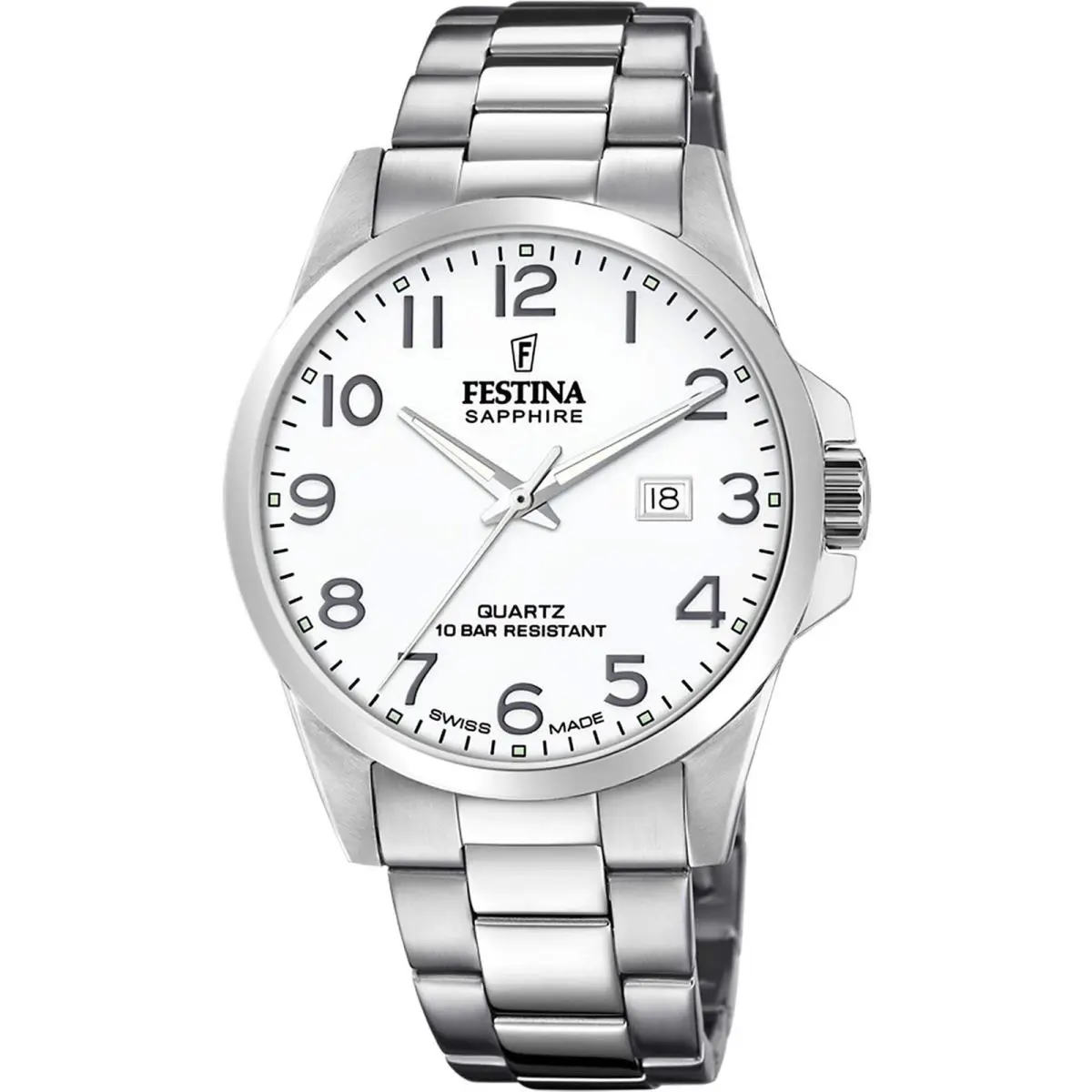 Swiss Classic Stainless Steel 41mm Quartz White Dial Wristwatch F20024-1 by Festina