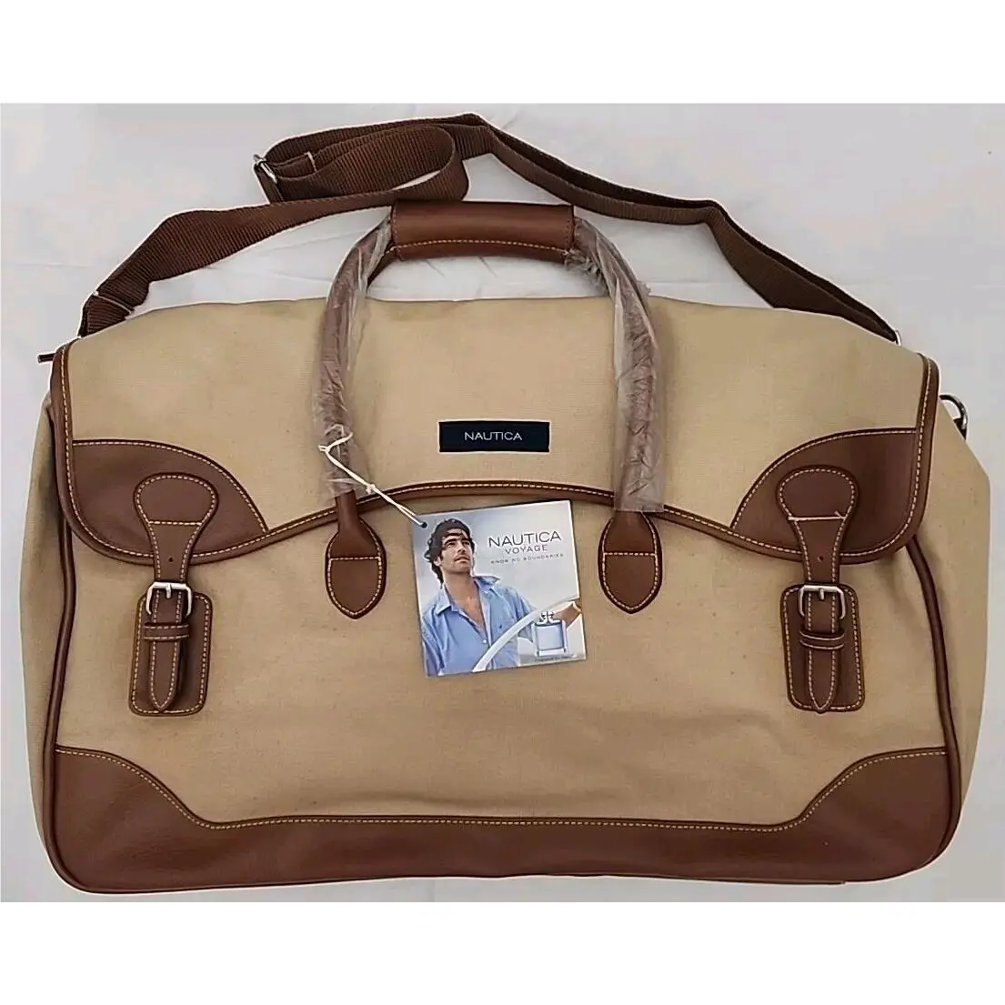 Luggage Nautica Khaki Canvas Tan Leather Duffle Weekender Gym Bag Handle