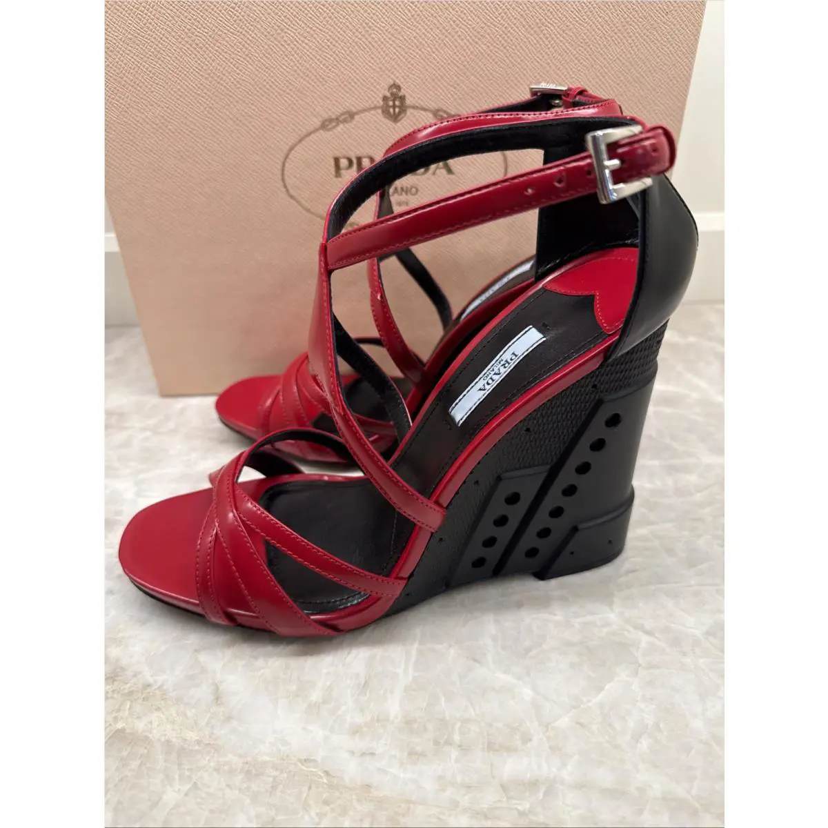 Prada Fall 2014 Industrial Wedge Sandals Red Black 40.5 Dust Bags
