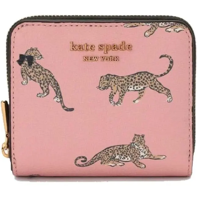New Kate Spade New York Morgan Leopard Small Compact Wallet Pink