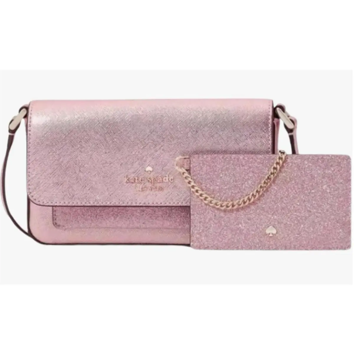 Kate Spade Crossbody Purse Card Holder Pink Glimmer Glitter Boxed Duo