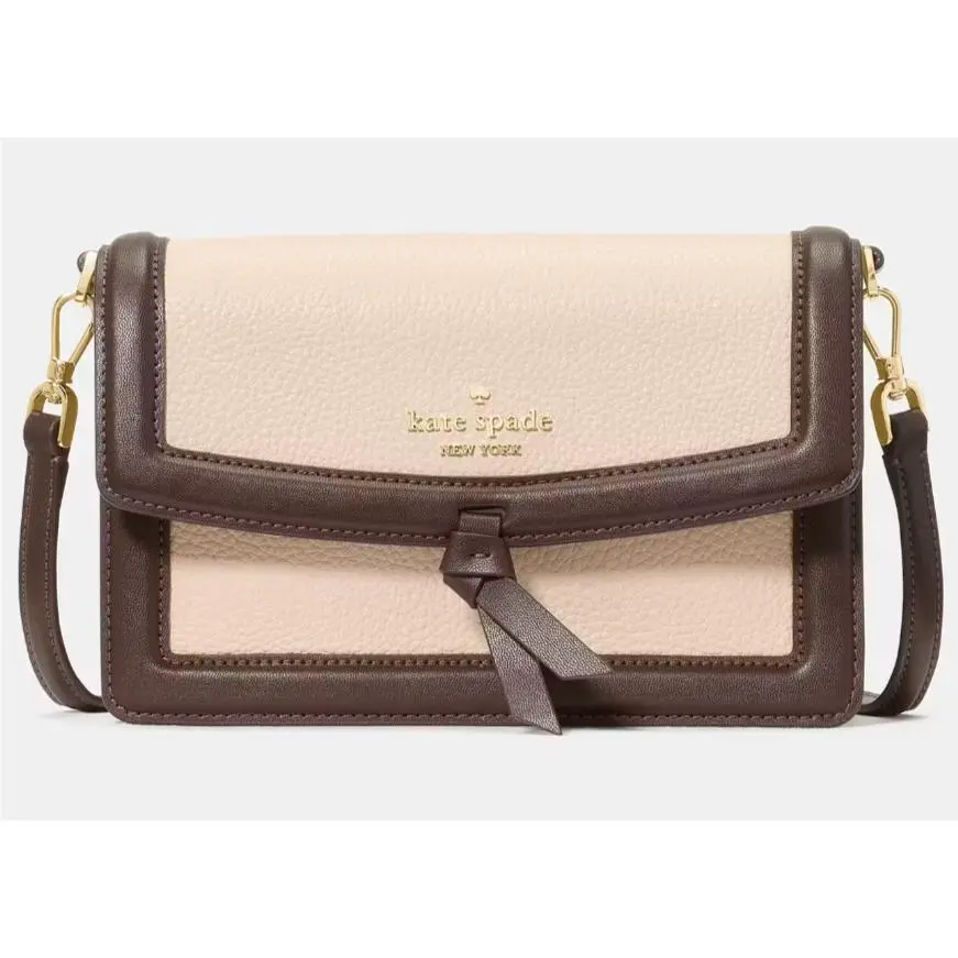 Kate Spade Knott Flap Crossbody Bag Beige Brown Leather Purse KM610