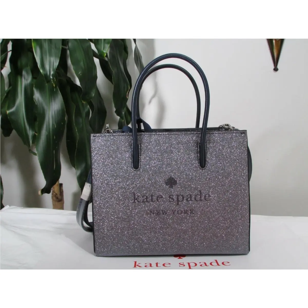 Kate Spade Trista Glitter Shopper Tote Crossbody Dusk Navy