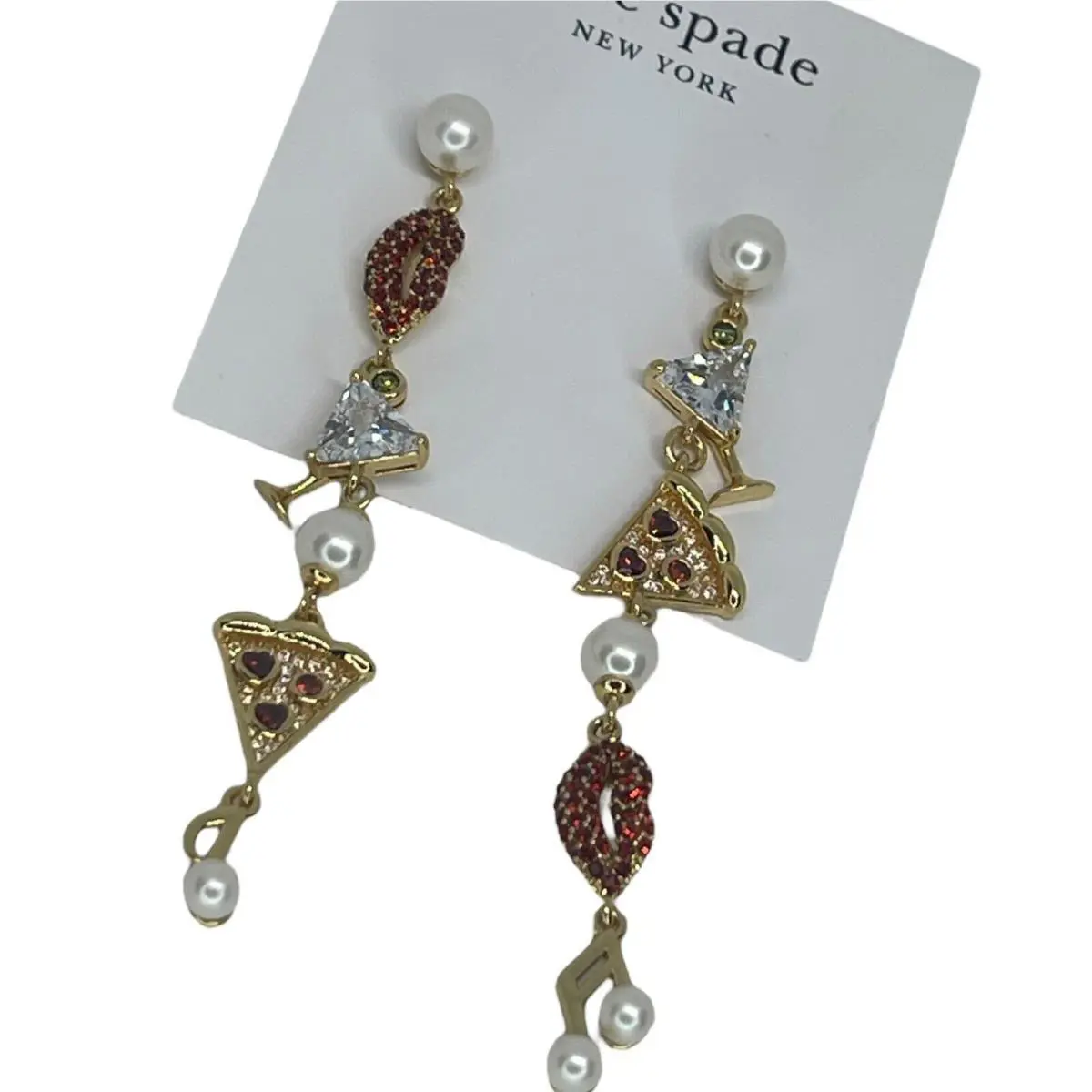 Kate Spade Pearl Hit The Town Earrings Gold Tone CZ Linear Chic Trendy New