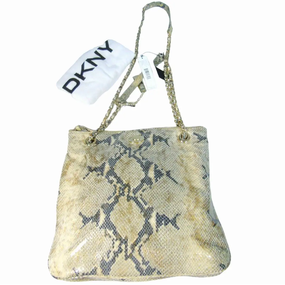 Dkny Leather Handbag Gold Gray Python Snakeskin Crossbody Shoulder Chain Purse