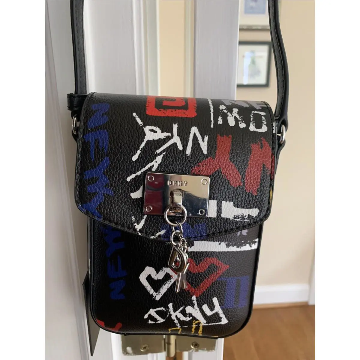 Dkny Black Cleo Multi Color Graffiti Logo Phone Mini Crossbody Purse Bag NWT$148