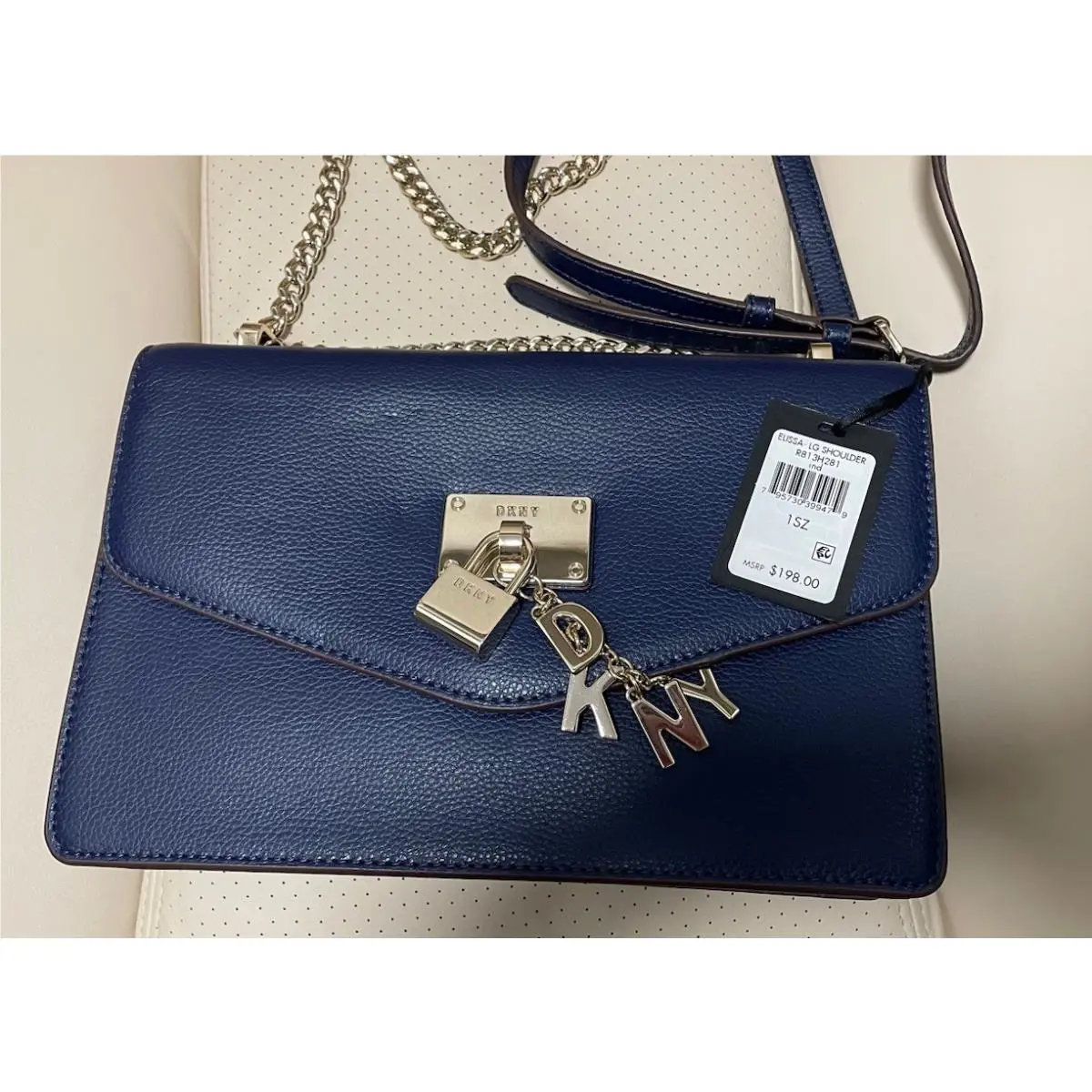 Dkny Elissa Navy Blue Indigo Leather Flap Bag Crossbody Gold Chain Charm