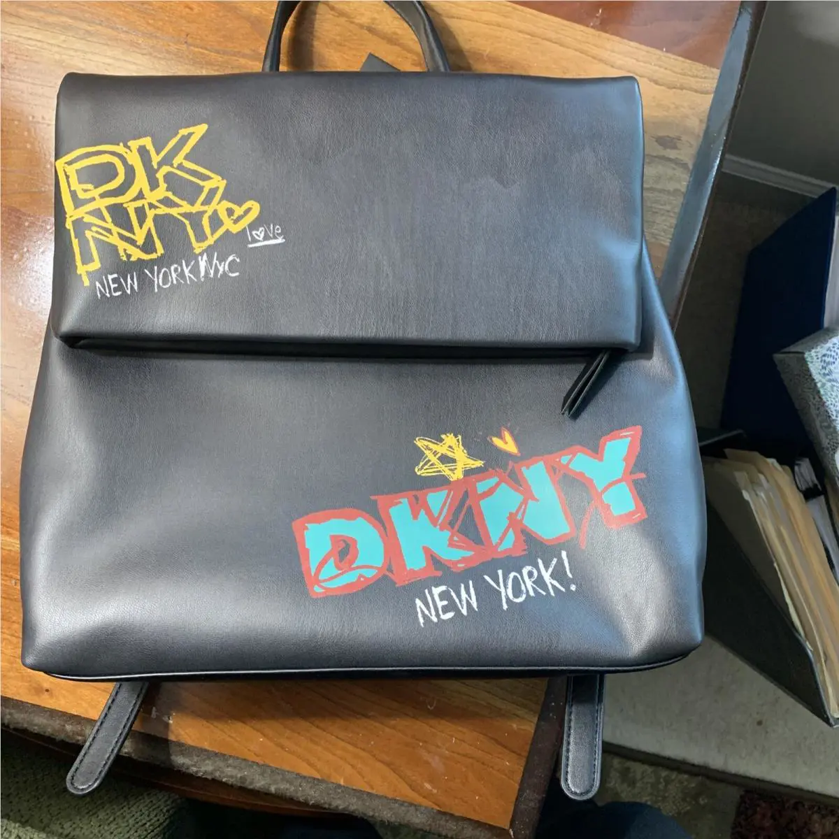 Dkny Women Backpack - Handbag Black Graffiti - Style Tilly MD Foldover