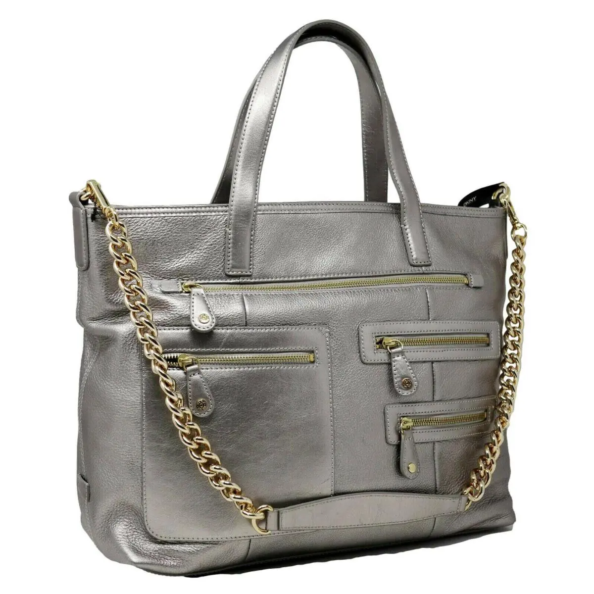 Dkny Silver Gray Leather Work Laptop Large Convertible Shoulder Bag Handbag