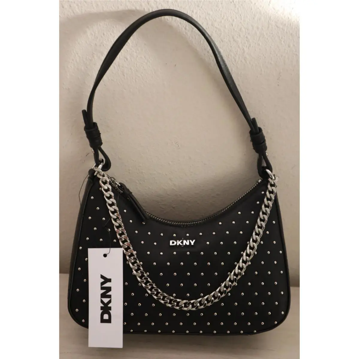 Dkny R53EQH58 Women`s O/s Black PU Leather Studded Lee Shoulder Bag W/cha