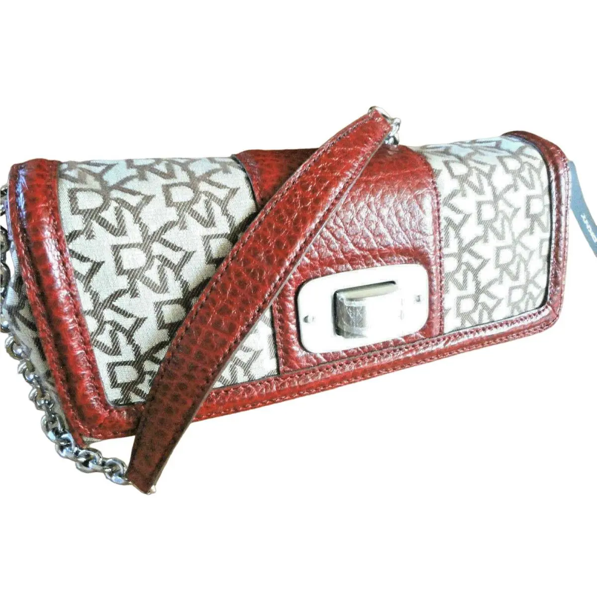 Dkny Mini Shoulder Handbag Jacquard Red Leather Nappa Chain Clutch Purse