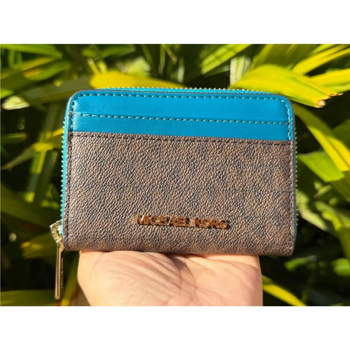 Jet Set Travel Zip Around Card Case Wallet MK Brown/Lagoon by Michael Kors