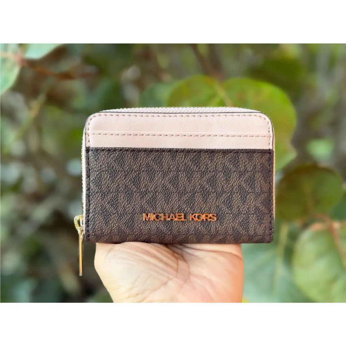 Jet Set Travel Zip Around Card Case Wallet MK Brown/Pink by Michael Kors