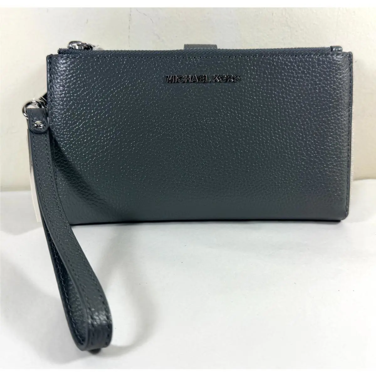 Michael Kors Jet Set Slate Grey Gained Leather Double Zip Phone Wristlet Wallet