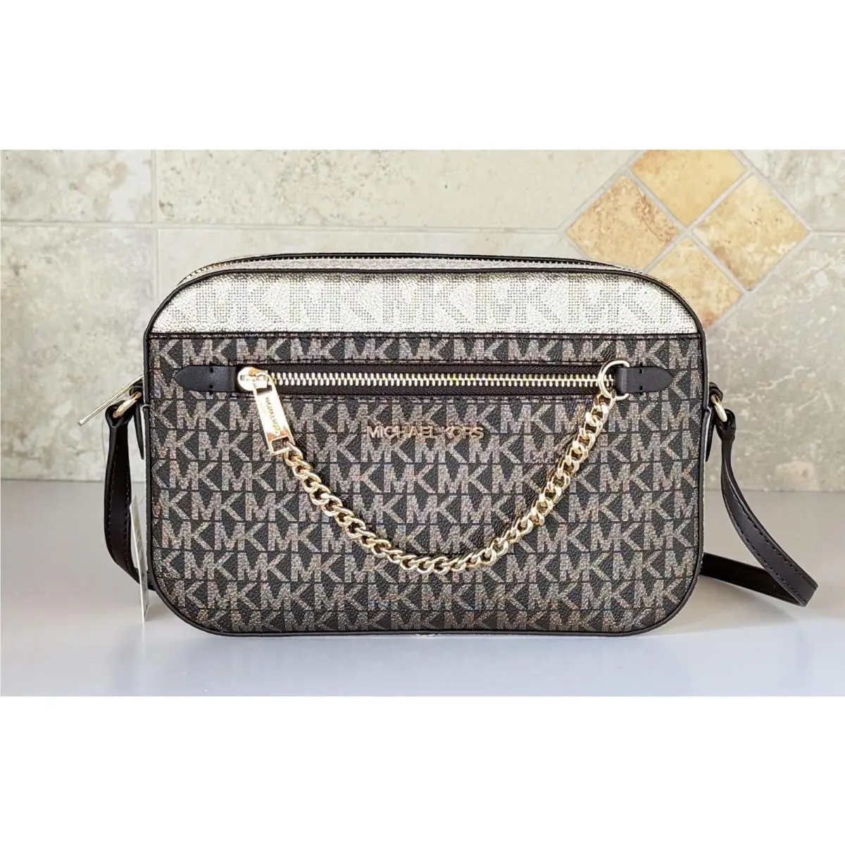 Jet Set Item EW Zip Chain Crossbody Bag MK Gold Glitter Brown by Michael Kors