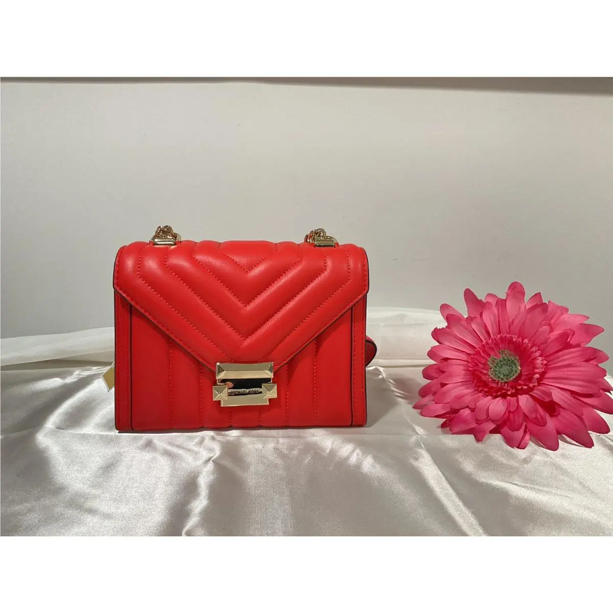 Michael Kors Whitney Quilted Small Sea Coral/gold Shoulder Bag Soft Leather