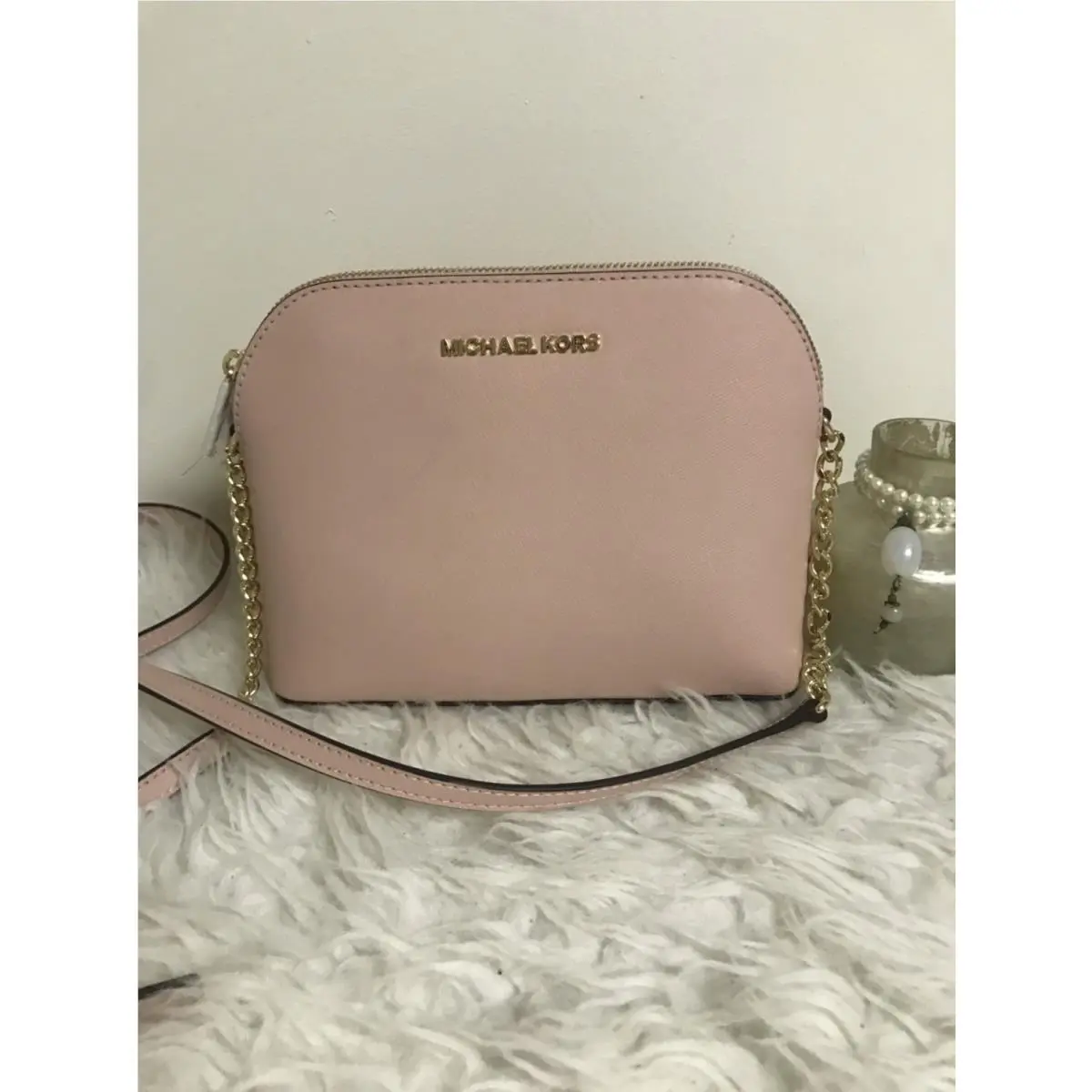 Michael Kors Cindy Dome Saffaino Leather Crossbody Pastel Pink Back Slip Pocket