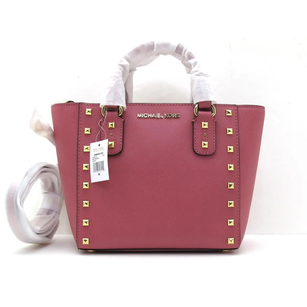 Michael Kors Sandrine Studs Saffiano Leather Satchel Crossbody Tulip/pink