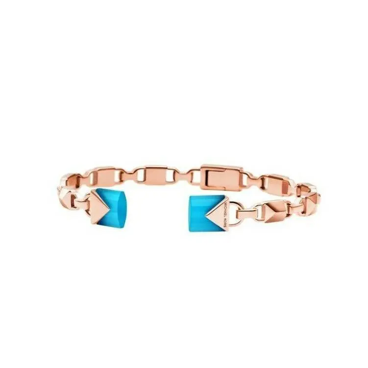 Michael Kors Mercer Rose Gold Aqua Blue Semi Precious Tips Open Link Bangle