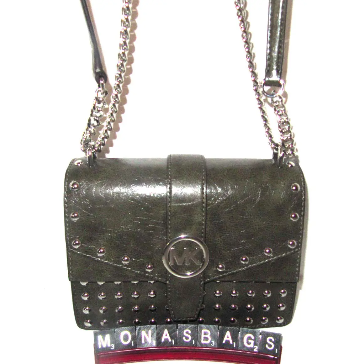 Michael Kors Greenwich Small Flap Crossbody Bag Silver Studs Olive Green NWT$458