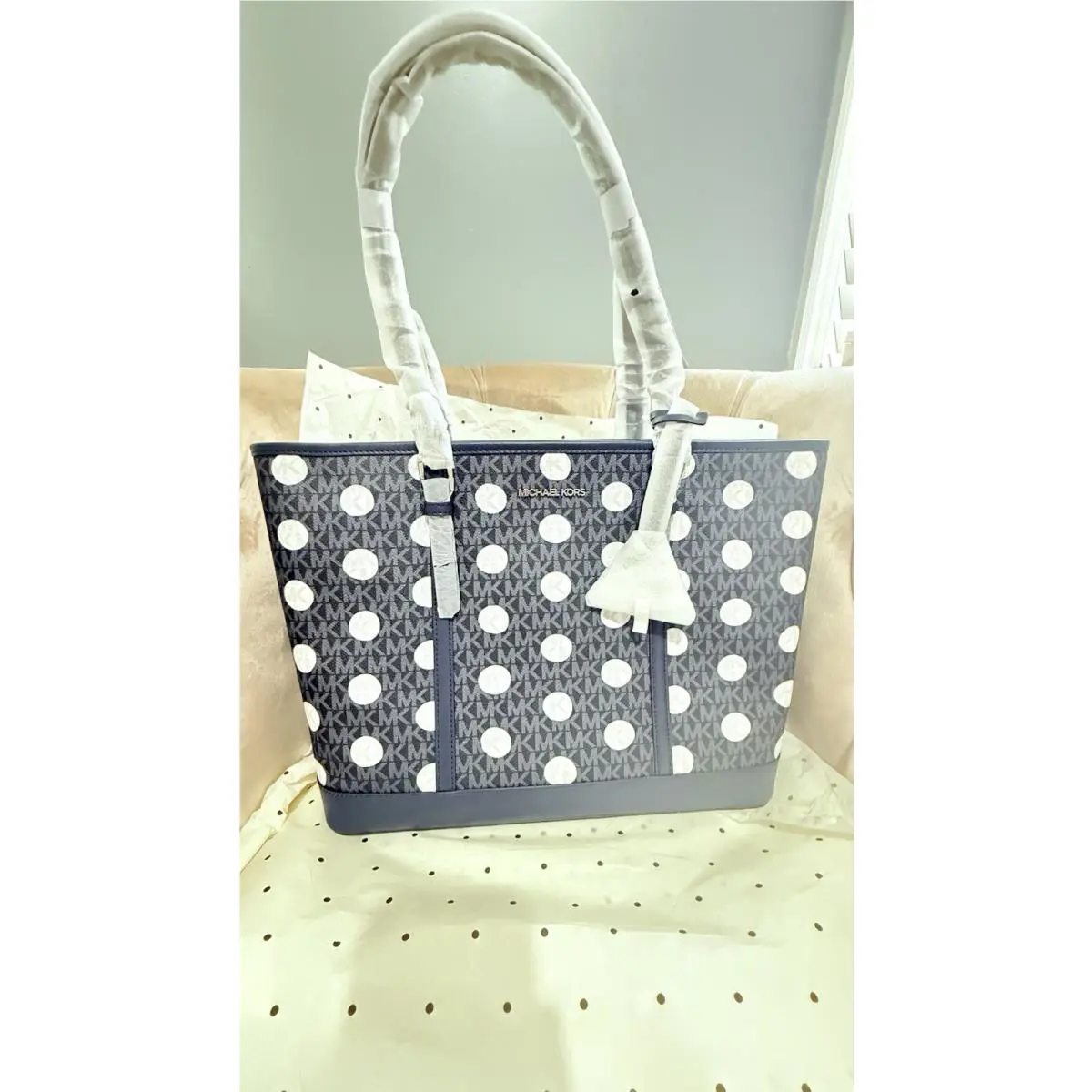 Michael Kors Jet Set Travel Large Shoulder Tote Bag Purse Handbag Navy Dots