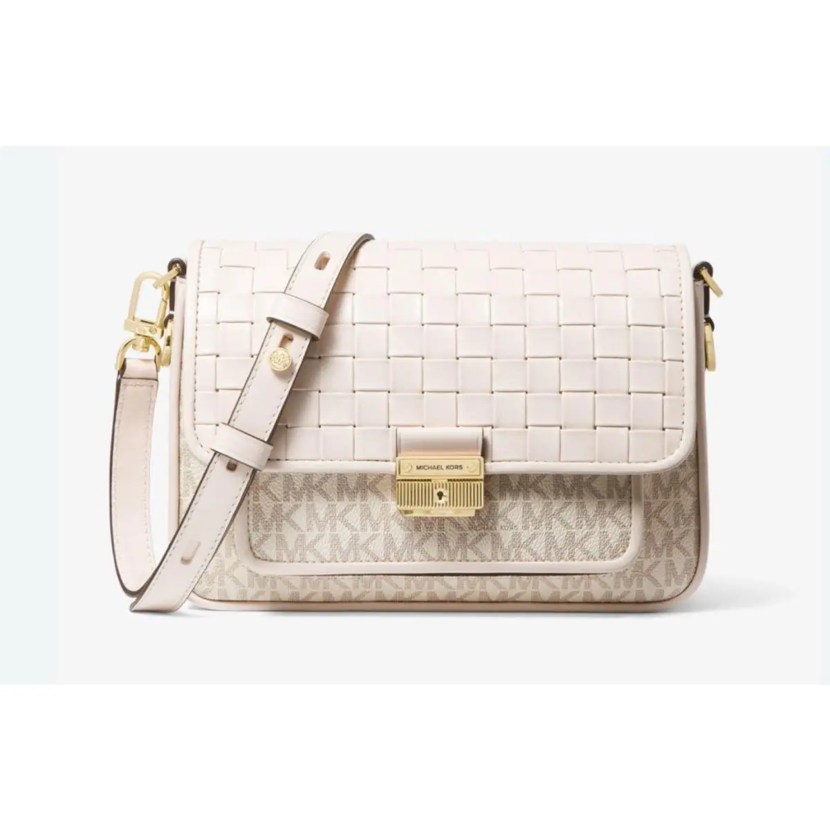 Michael Kors Bradshaw Medium Logo Woven Messenger Bag Van/cream