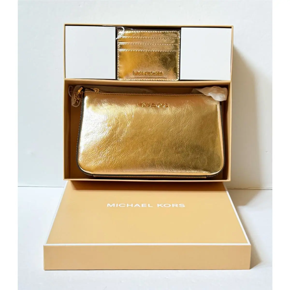 Michael Kors Giftable Jet Set Chain Crossbody Bag + Card Case Wallet Pale Gold