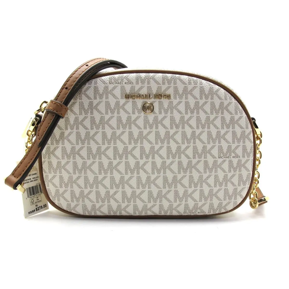 Michael Kors Jet Set Charm SM Signature Oval Camera Crossbody Vanilla/acorn