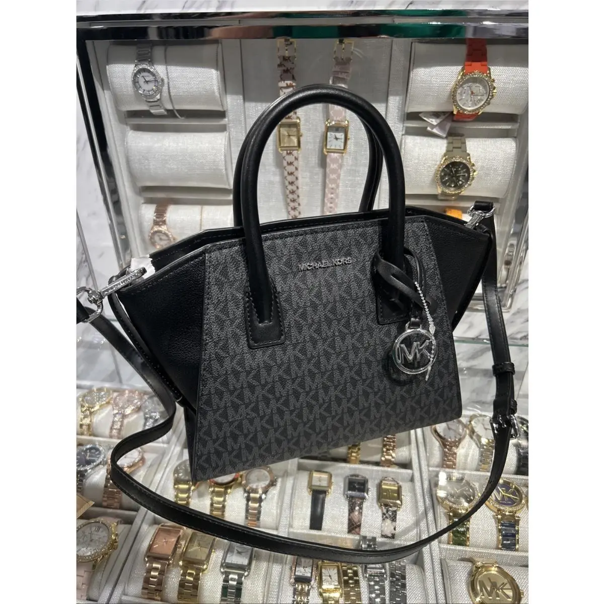 Michael Kors Small Avril Satchel MK Signature Bag Purse Black Handbag Messenger