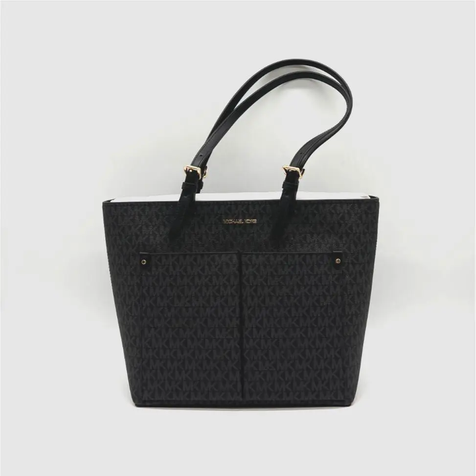 Michael Kors Jet Set Black Gray Logo Medium Pocket Tote Handbag Purse