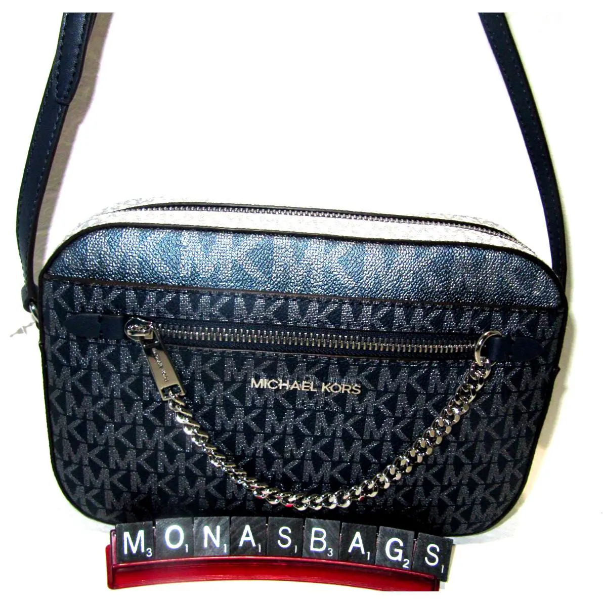 Michael Kors Jet Set Large Zip Chain EW Crossbody Bag Navy Signature