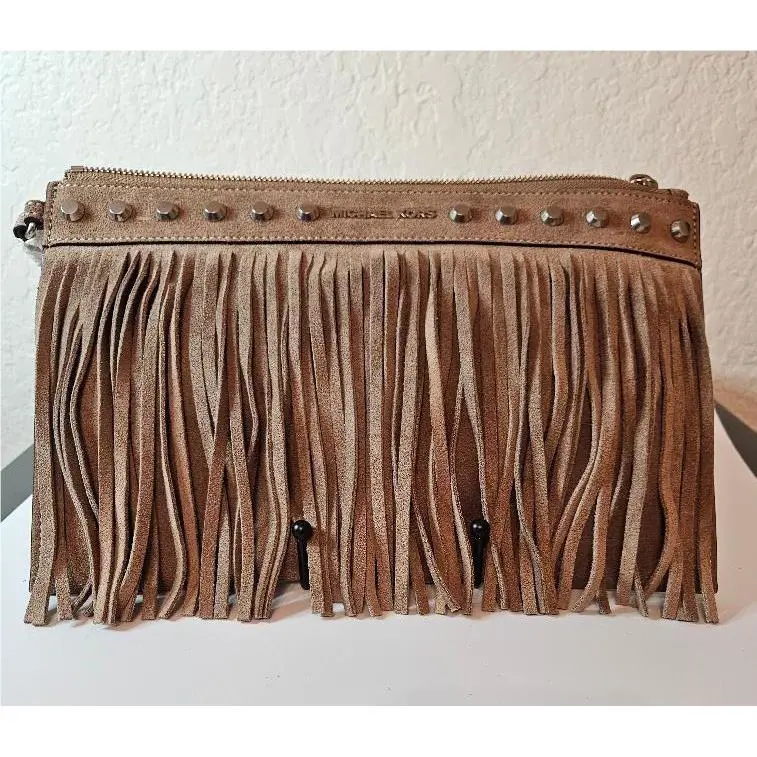 Michael Kors Billy Zip Fringe Clutch Soft Dark Dune Suede