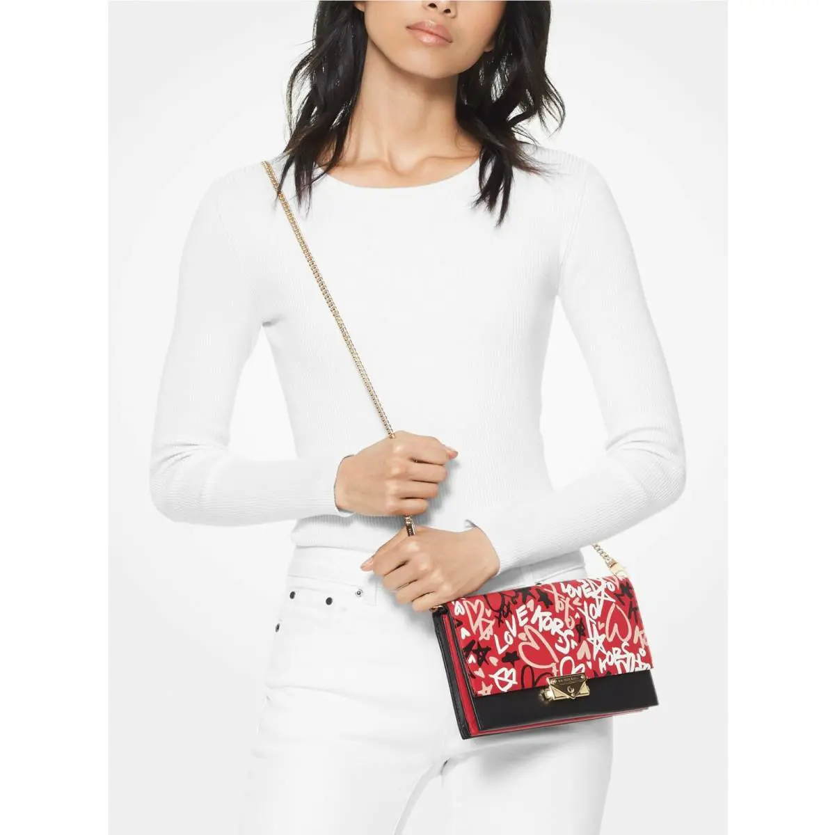 Michael Kors Cece Leather LG Crossbody/shoulder/clutch Graffiti Red Hearts Love
