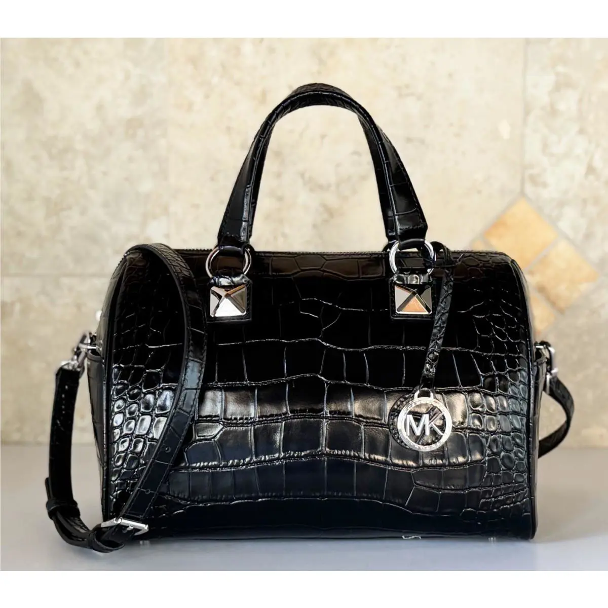 Michael Kors Grayson Medium Satchel Shoulder Exotic Embossed Leather Bag Black