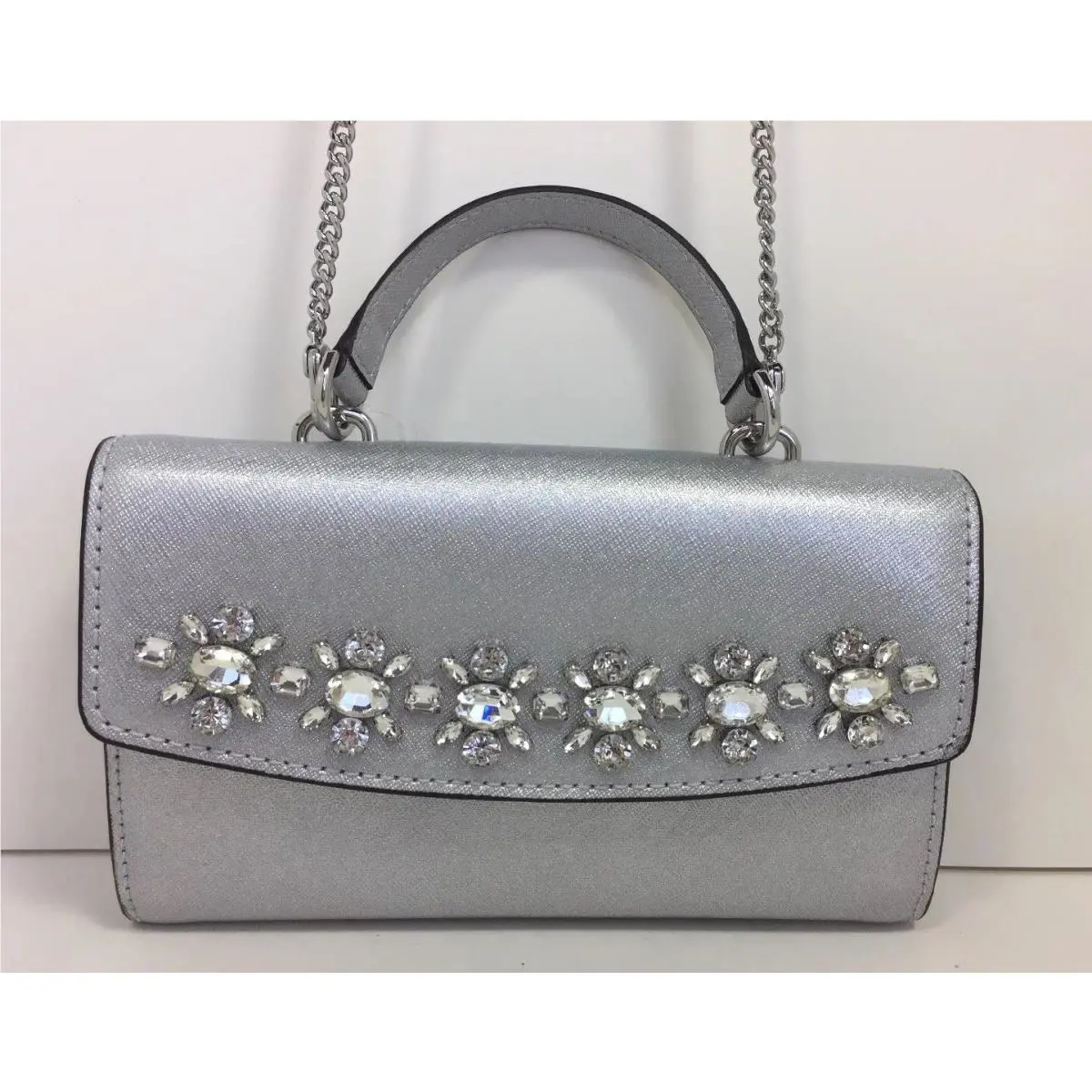 Michael Kors Ava Jeweled Large Phone Clutch Handle Crossbody Chain Silver