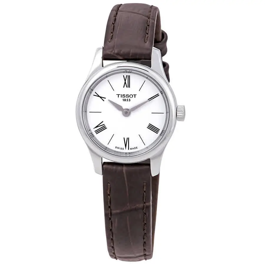 Tissot Tradition 5.5 White Dial Brown Leather Ladies Watch T063.009.16.018.00 - Dial: White, Band: Brown, Bezel: Silver