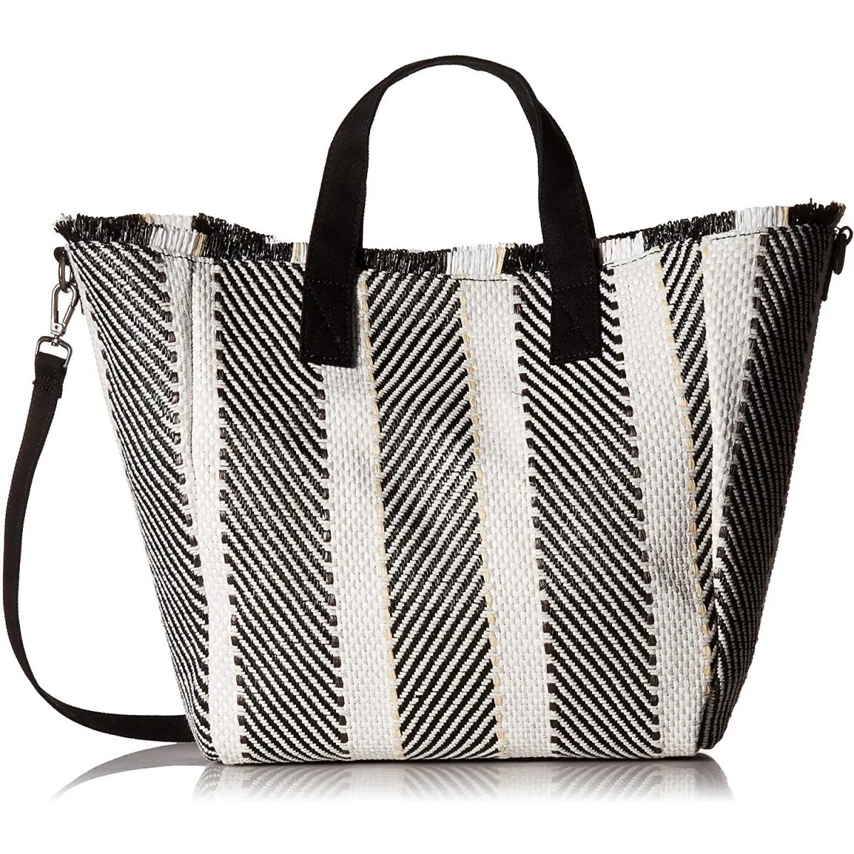 187083 Womens Woven Geometric Pattern Tote Bag Black/ Beach by Steve Madden