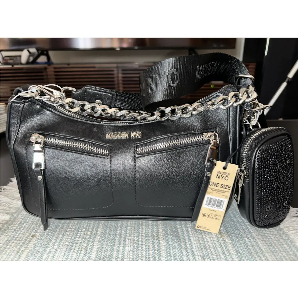 Steve Madden Purse Crossbody Black Nylon with Silver Accents with Pouch