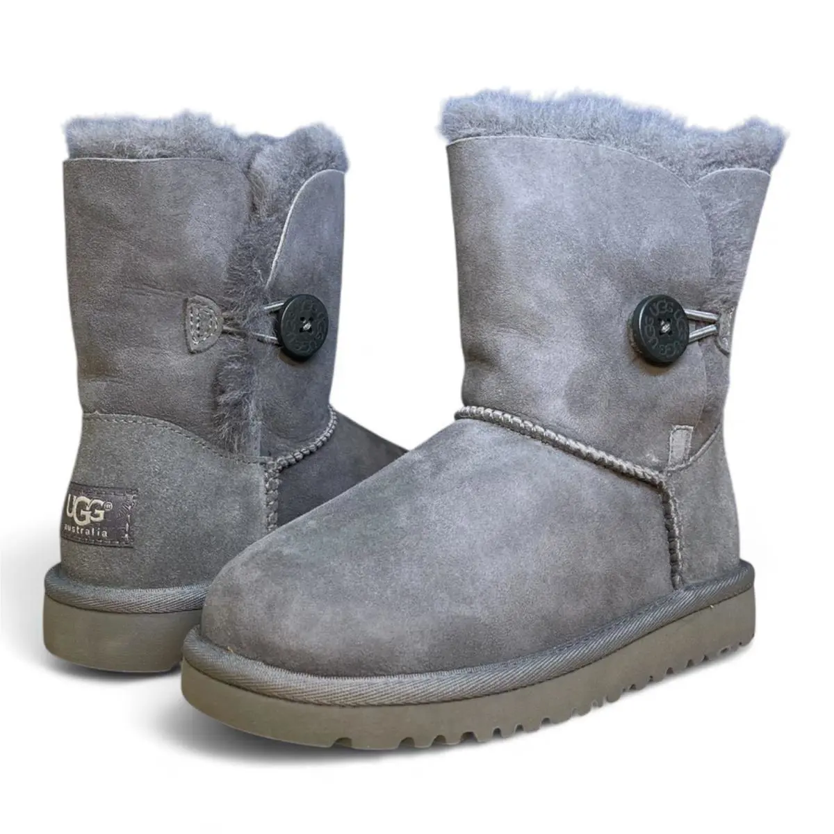 Kids Ugg Bailey Button Sheepskin Wool Lined Suede Boots Grey - Gray