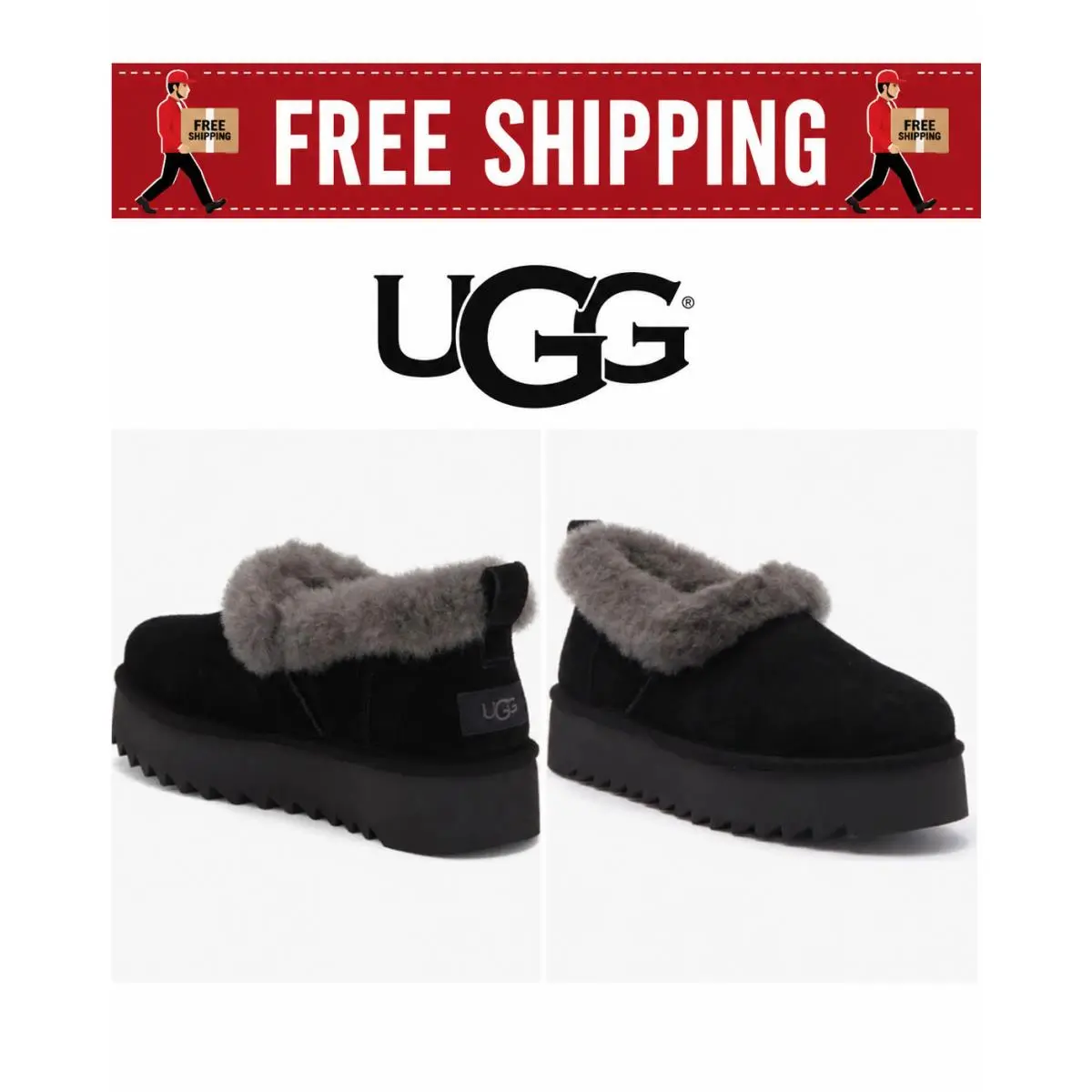 Ugg - Size: 8 - Shearling Collar Nita Suede Platform Slipper Shoes