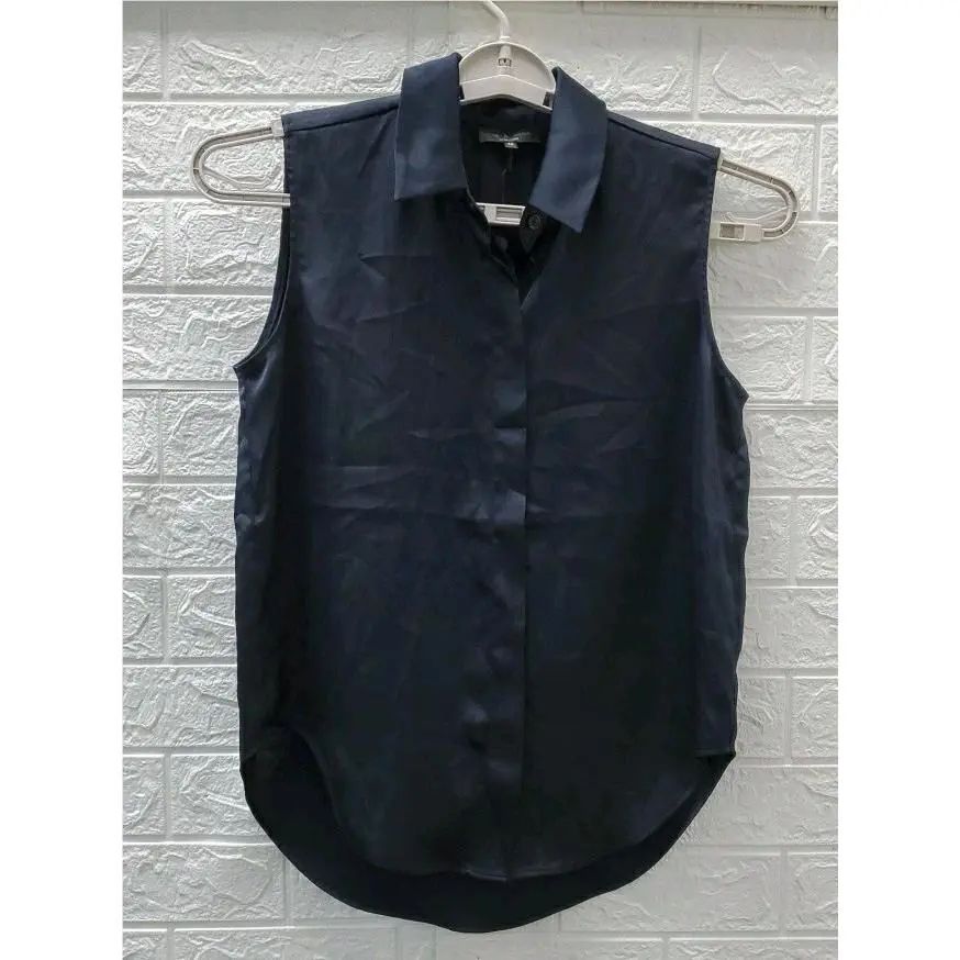 Rag Bone Darla Sleeveless Hidden Button Up Satin Shirt Navy Size XS