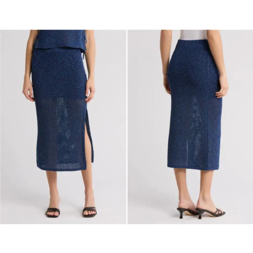 Rag Bone Blue Carter Open Knit Stitch Soft Sweater Slit Midi Skirt S = 4/6
