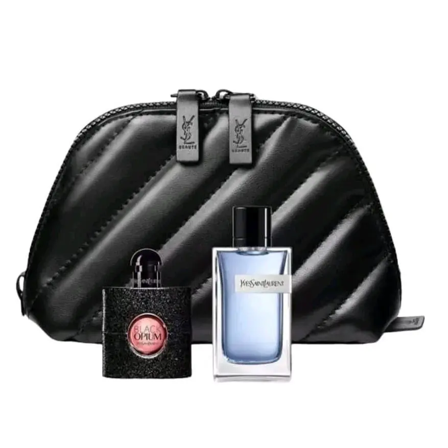 Ysl Yves Saint Laurent Beaute Quilted Black Bag Pouch + Two Minis Black Opium