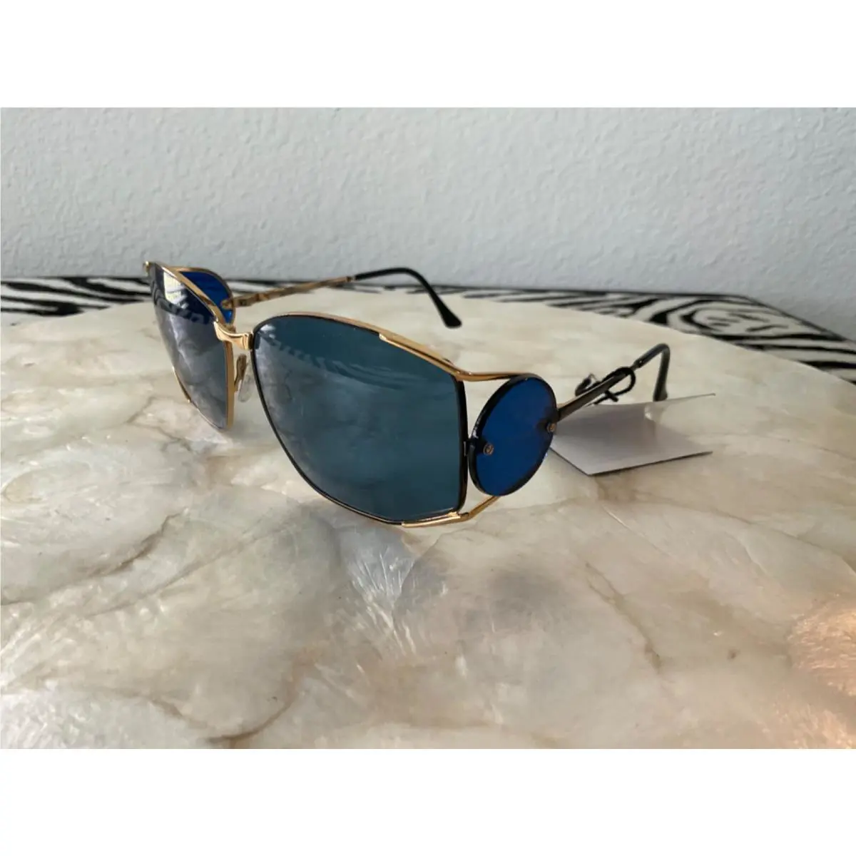 Gold Wrap Around Blue Tint Vintage Sunglasses 6002 Y104 115 by Yves Saint Laurent