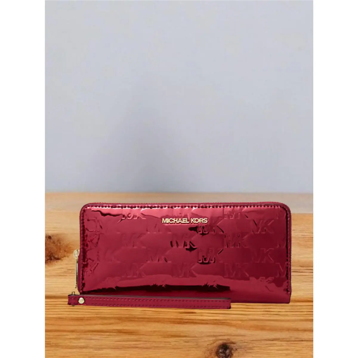 Michael Kors Women Large Metallic Logo Debossed Continental Wallet Cherry