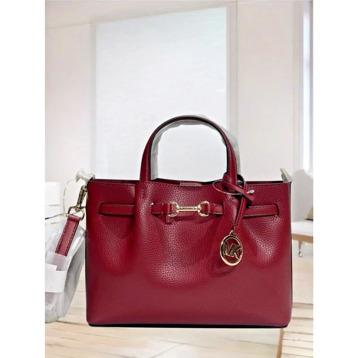 Michael Kors Carson Women’s Small Satchel Bag Grained Leather Handbag Cherry